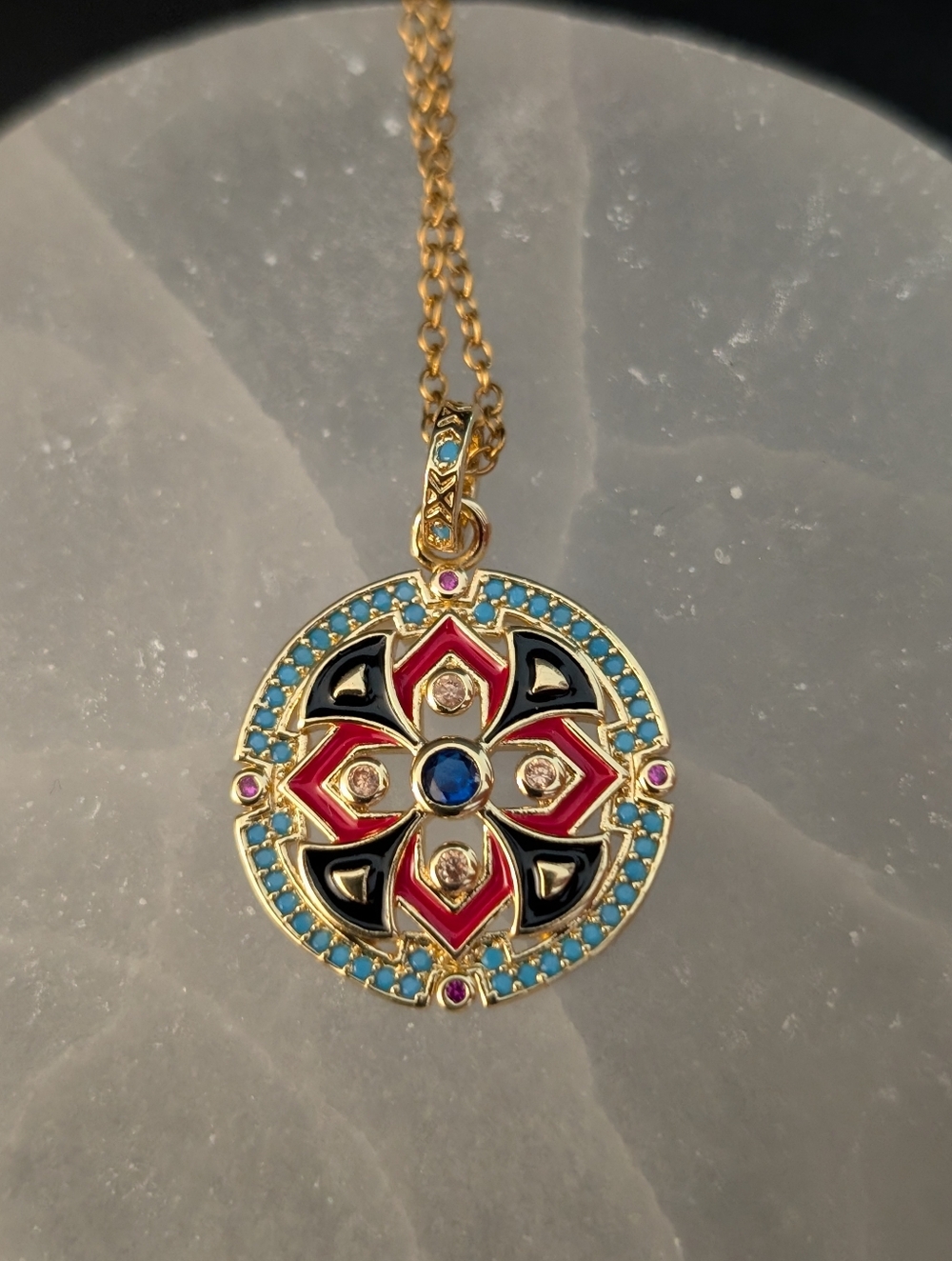 Boho Luxe Enamel Medallion Gold Tone Turquoise Stone Medallion Pendant